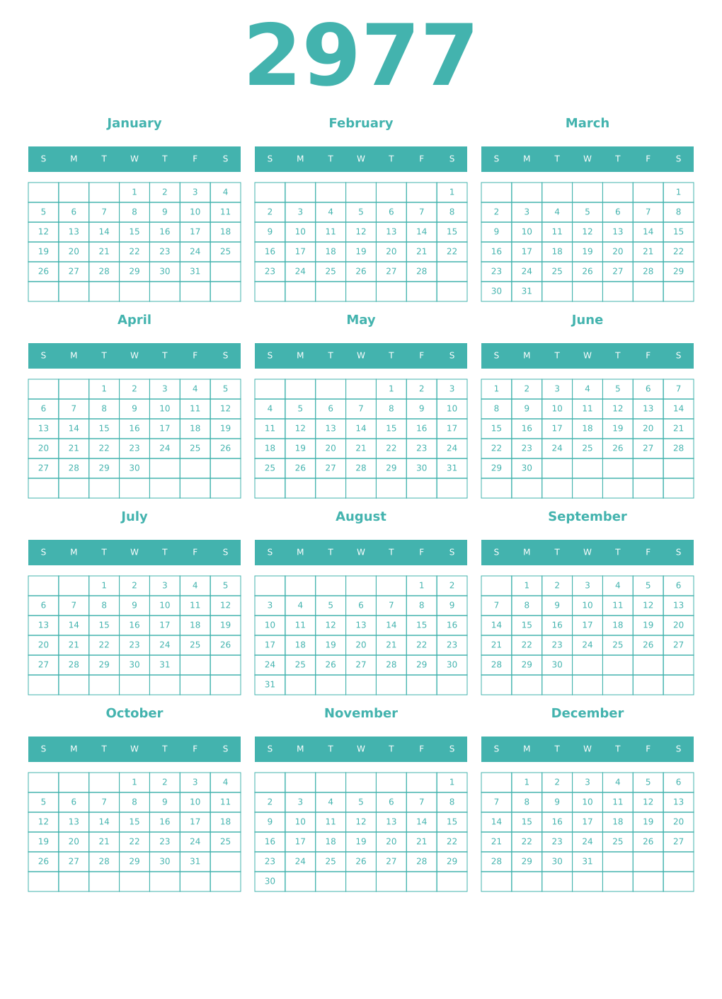 Printable 2977 Year Calendars verdigris