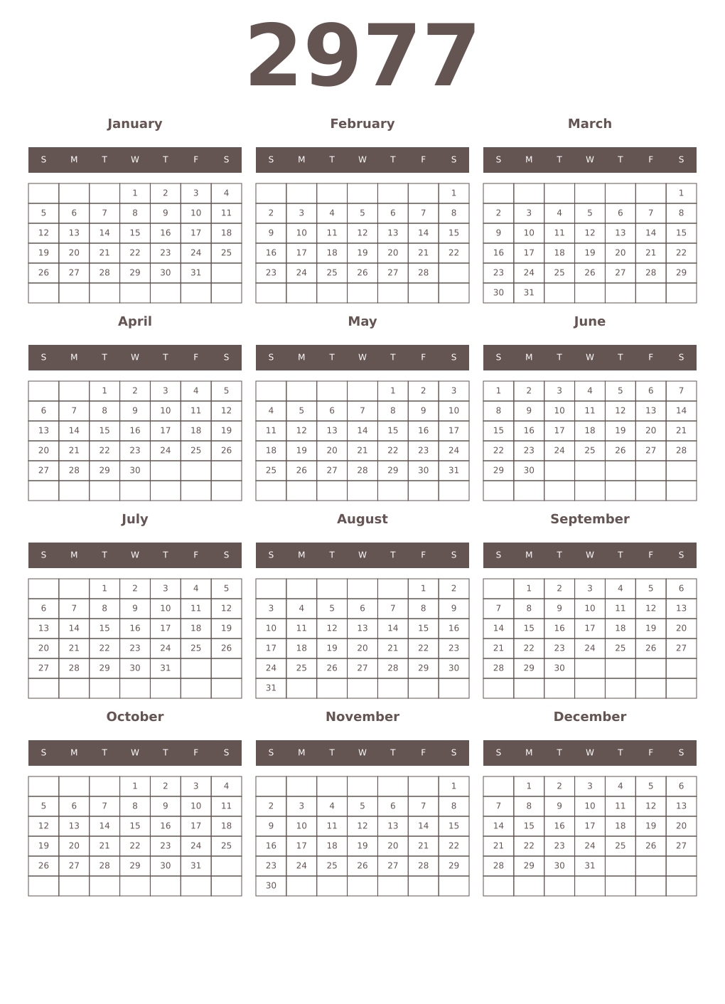 Printable 2977 Year Calendars wenge
