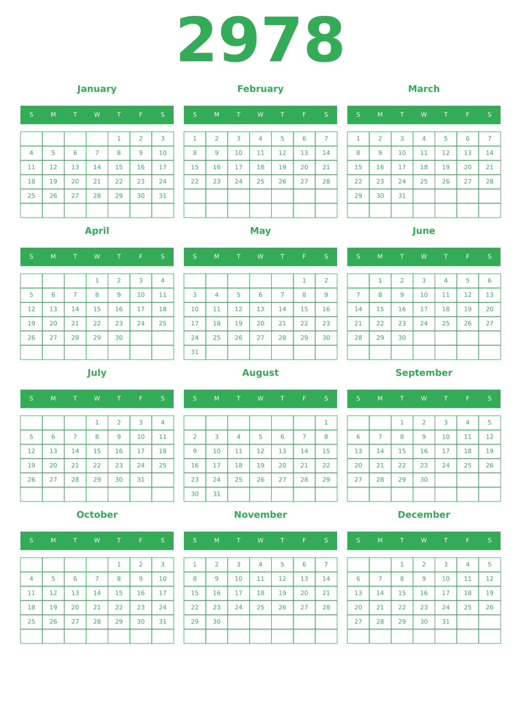 Printable 2978 Year Calendars green