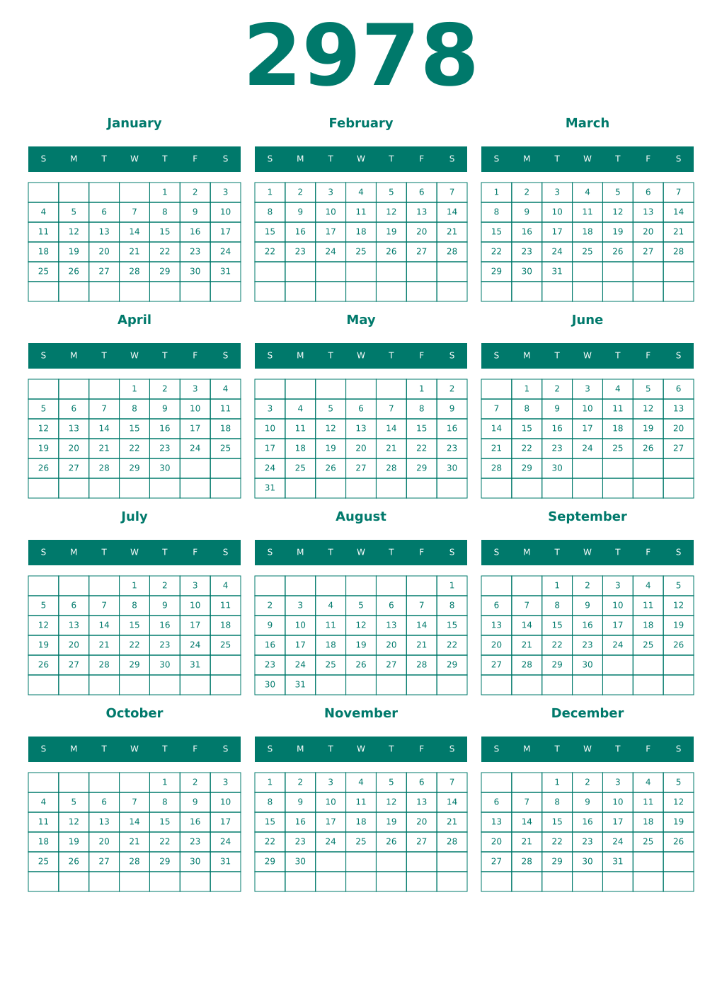 Printable 2978 Year Calendars pastel