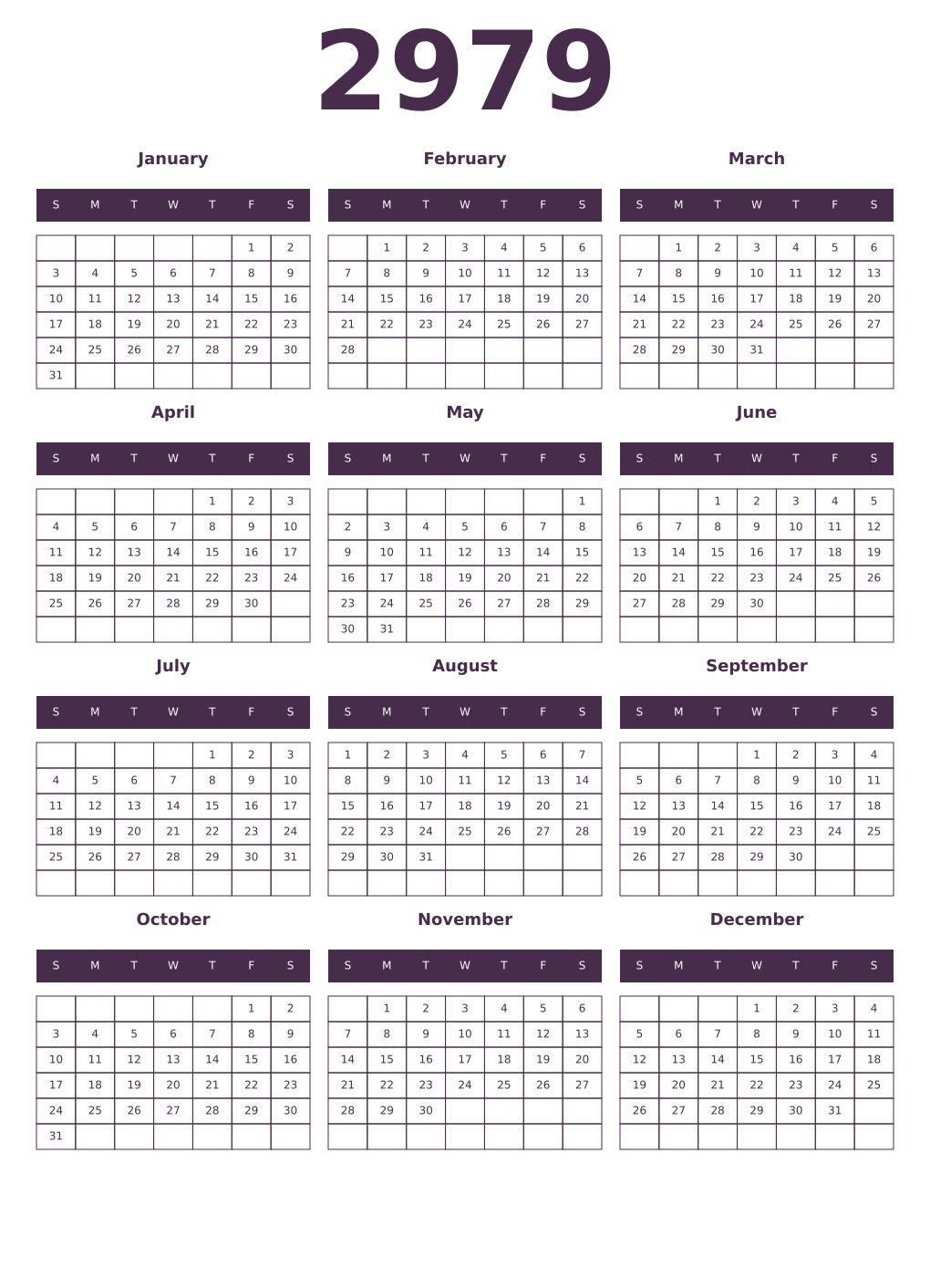 Printable 2979 Year Calendars aubergine