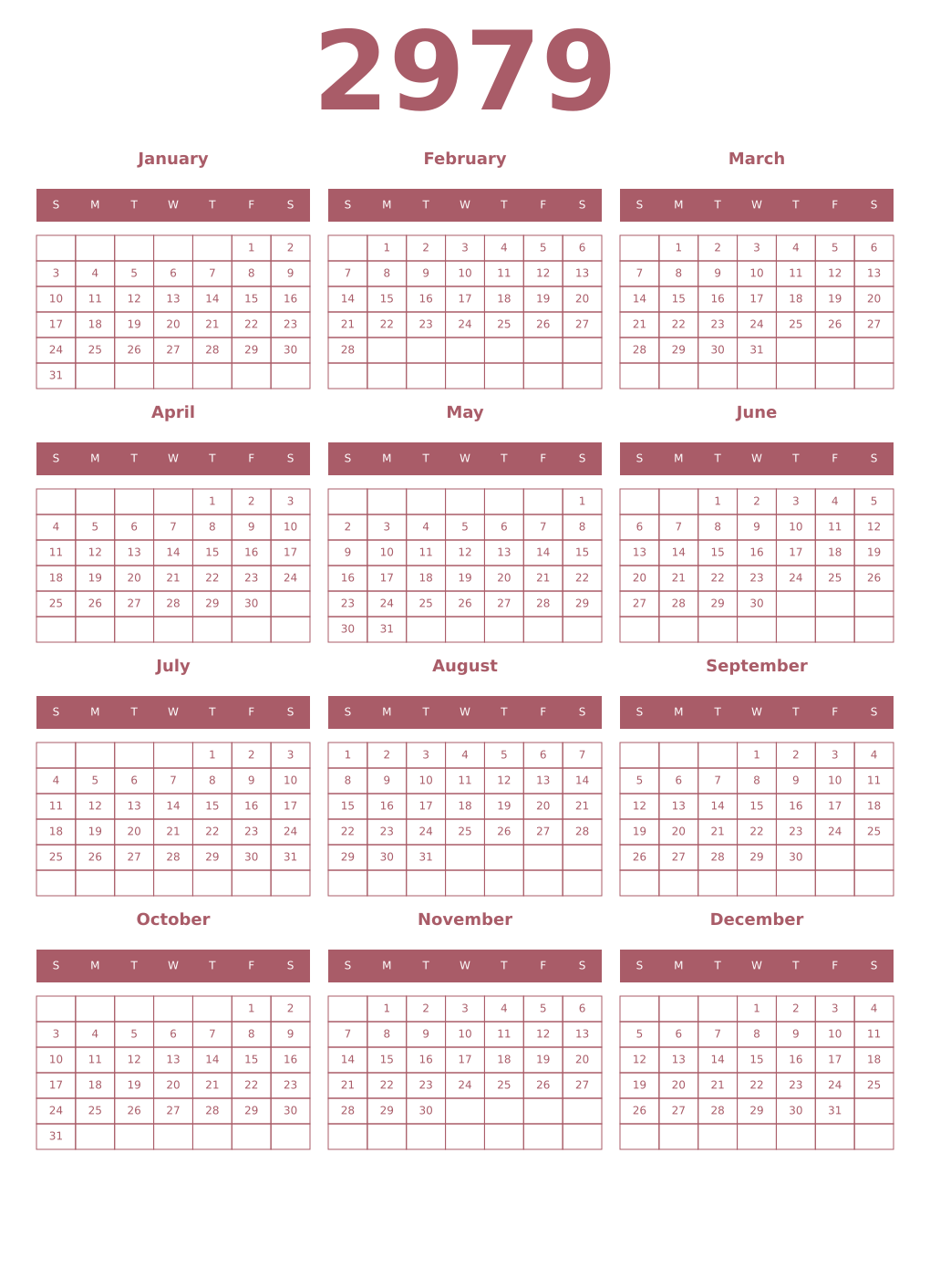 Printable 2979 Year Calendars puce