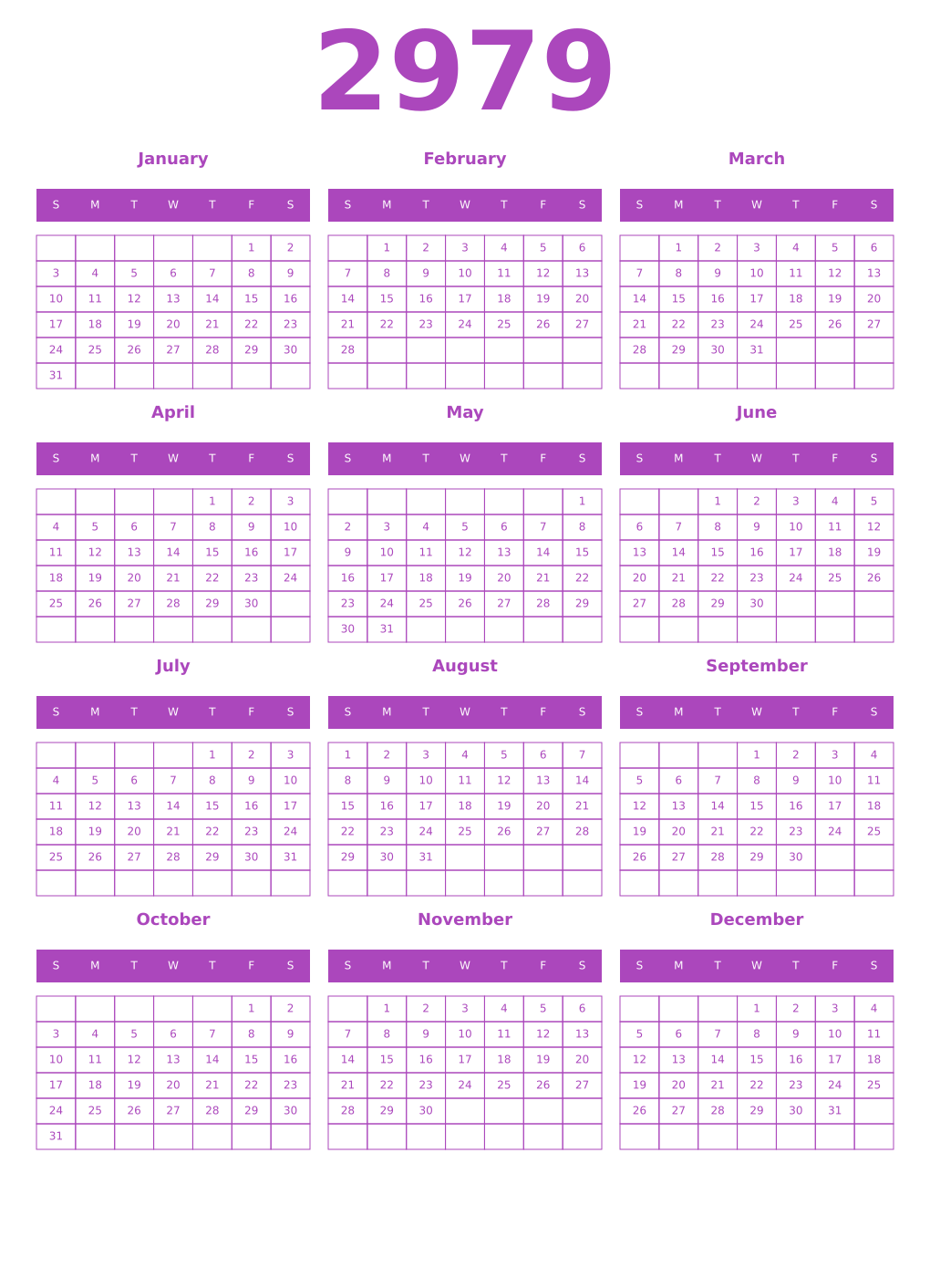 Printable 2979 Year Calendars purple