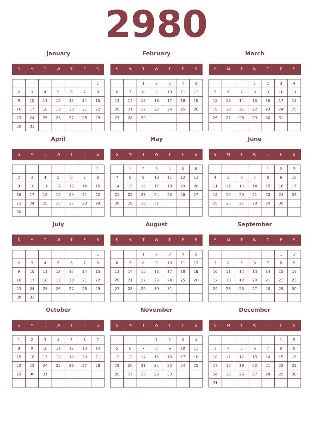 Printable 2980 Year Calendars cordovan