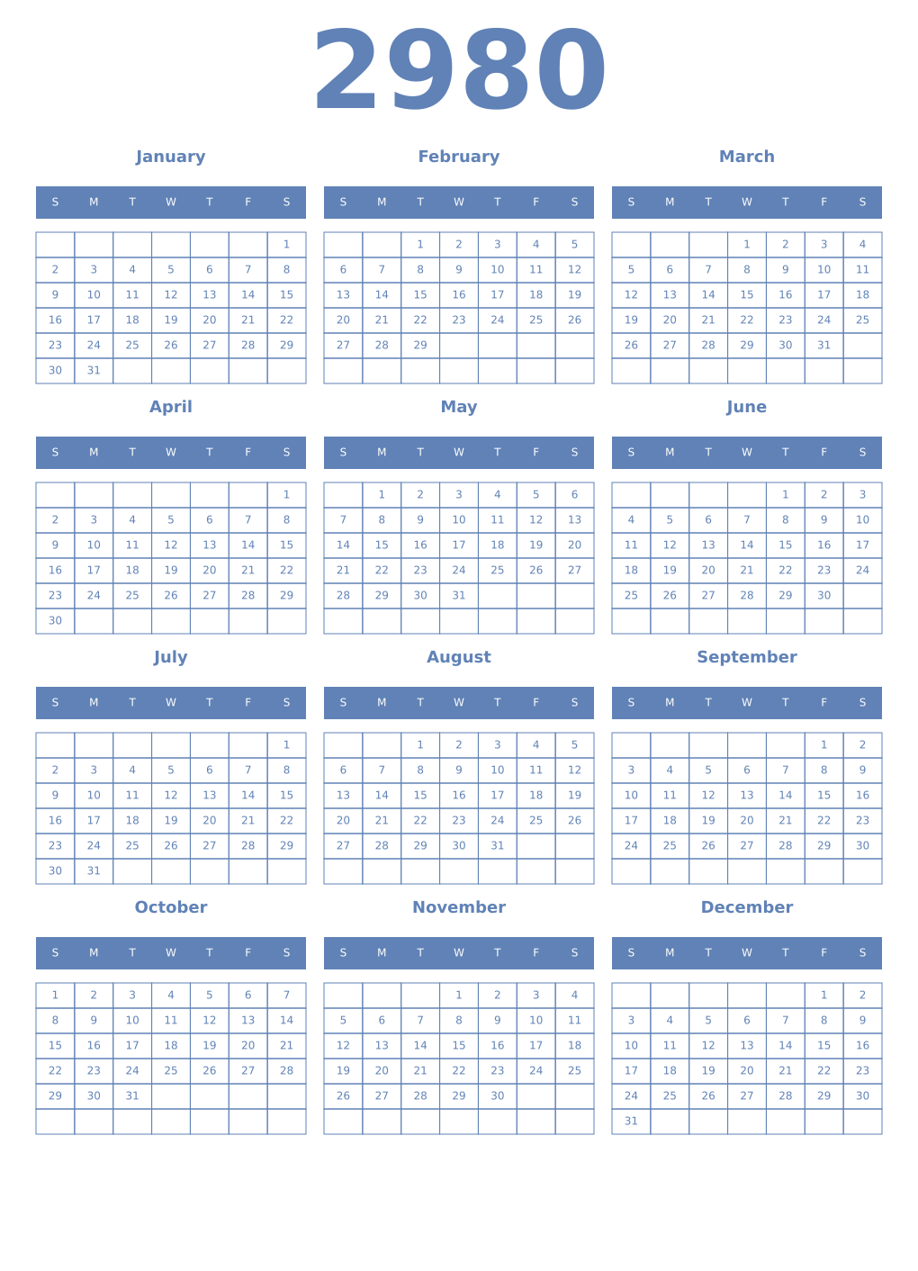 Printable 2980 Year Calendars glaucous