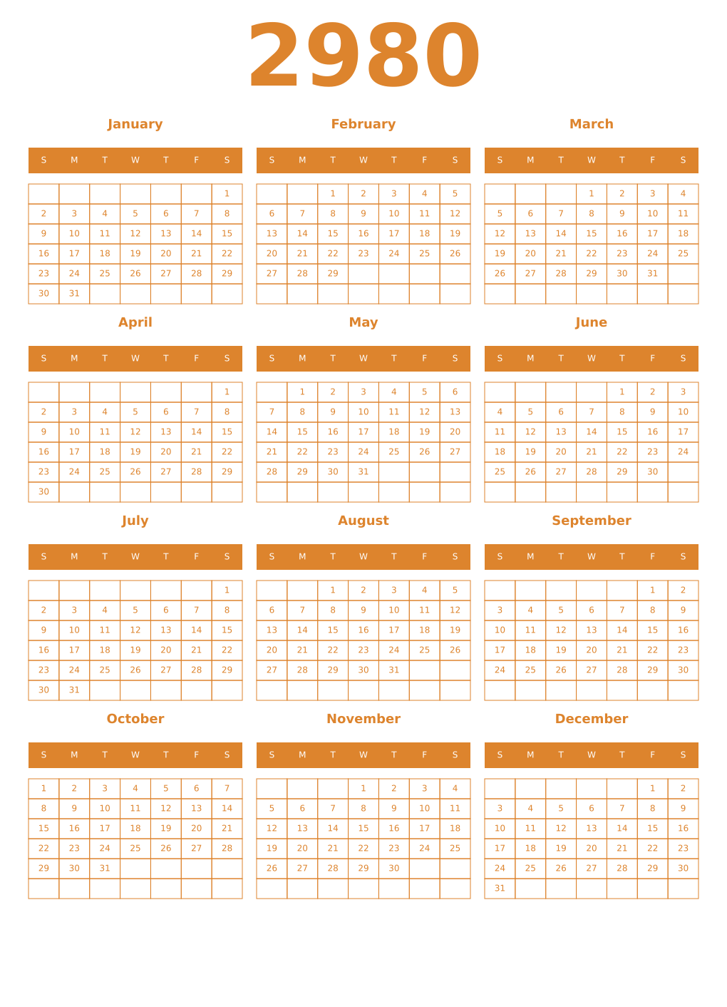 Printable 2980 Year Calendars orange