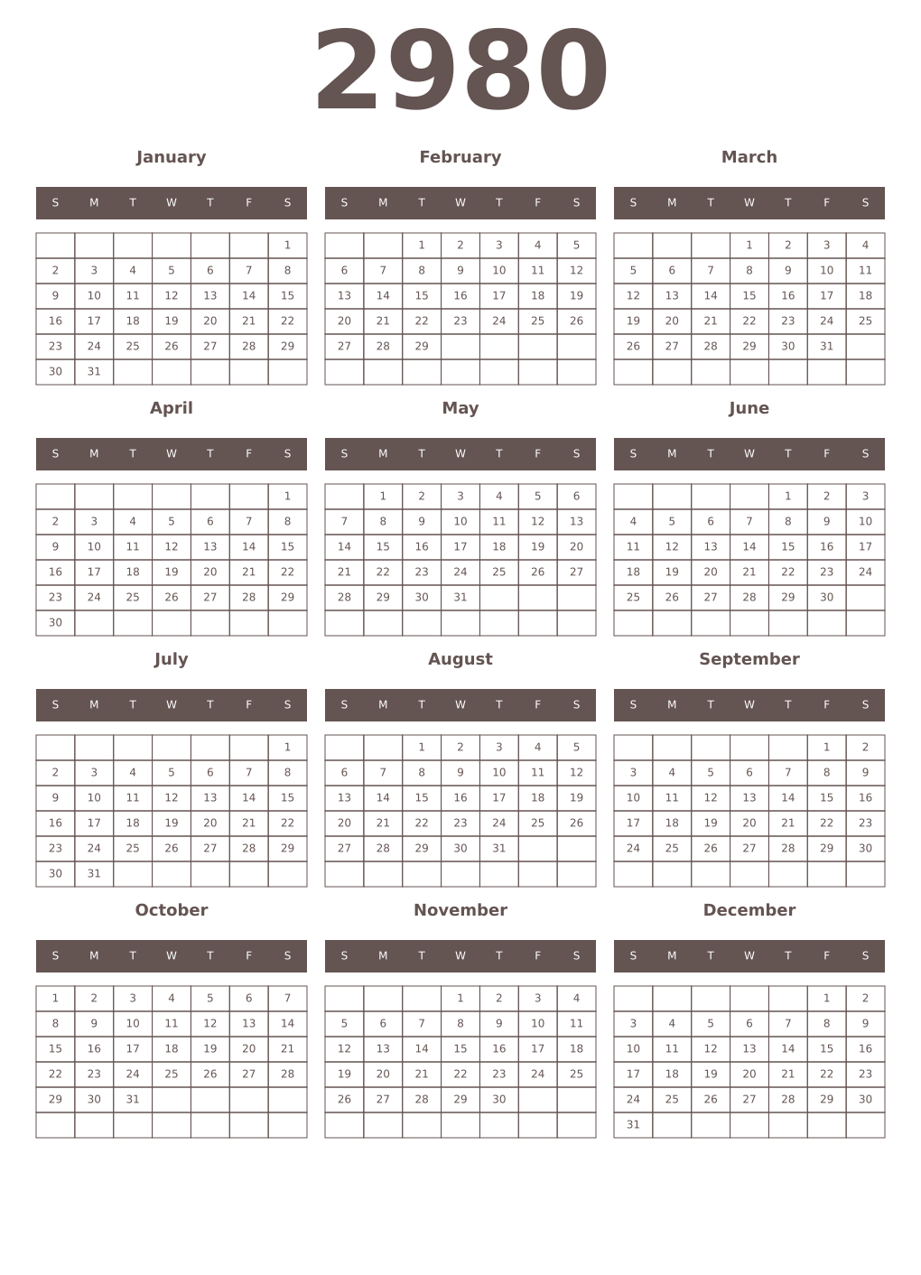 Printable 2980 Year Calendars wenge