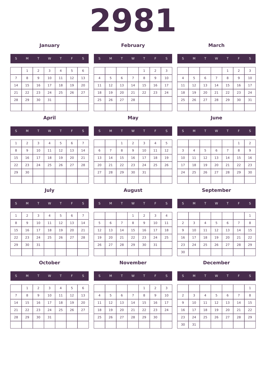 Printable 2981 Year Calendars aubergine
