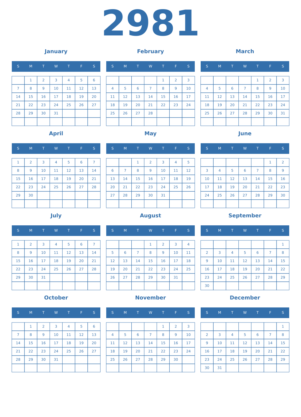 Printable 2981 Year Calendars blue