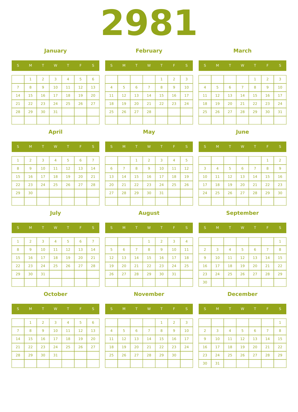 Printable 2981 Year Calendars chartreuse