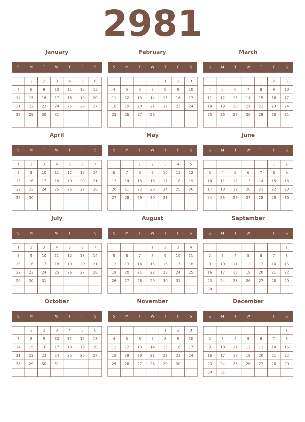 Printable 2981 Year Calendars coffe