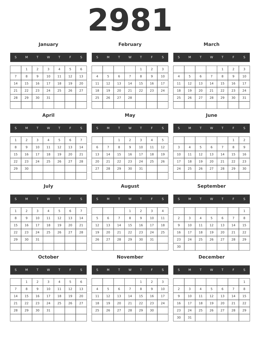 Printable 2981 Year Calendars dark