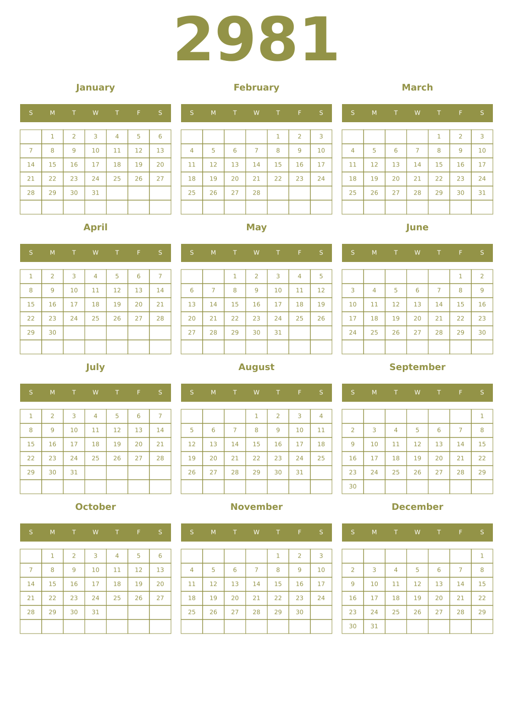 Printable 2981 Year Calendars eburnean
