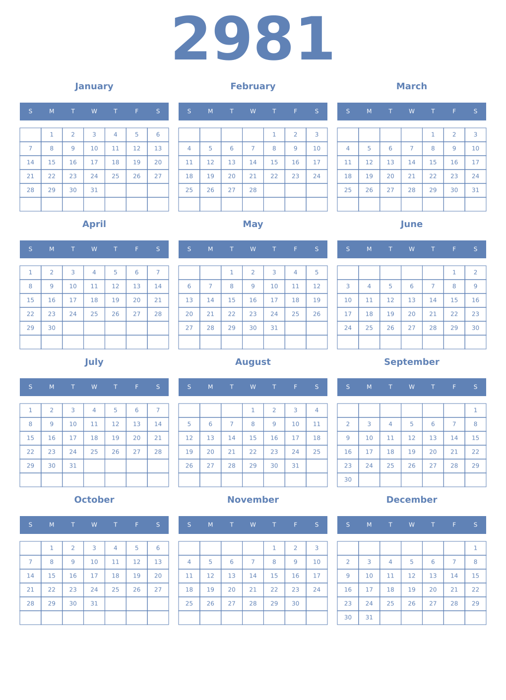 Printable 2981 Year Calendars glaucous