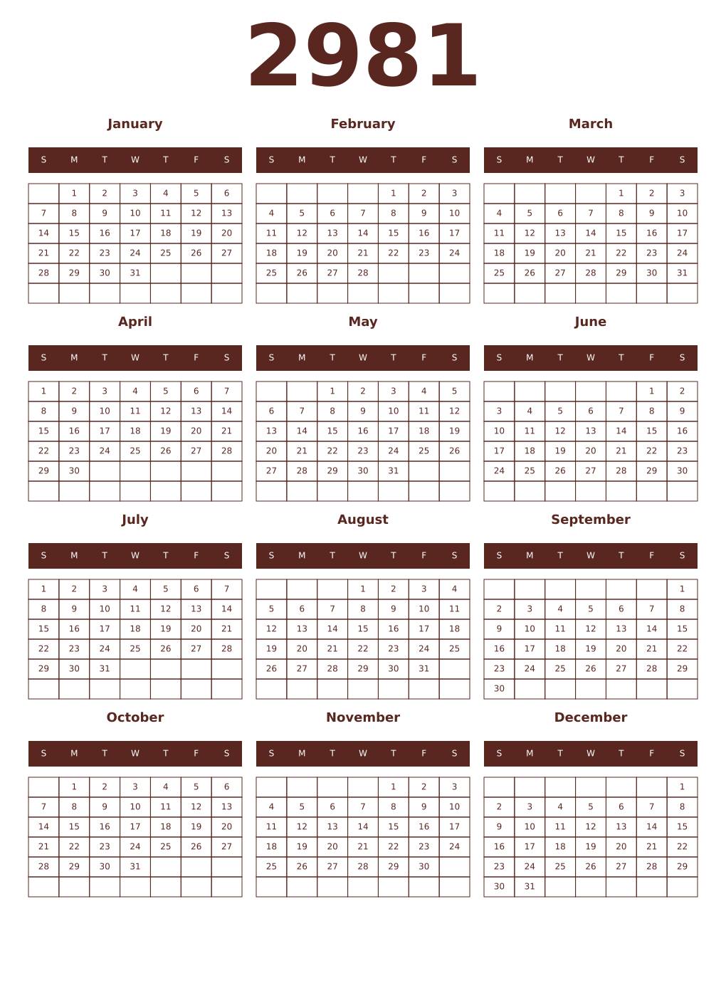 Printable 2981 Year Calendars mortuum