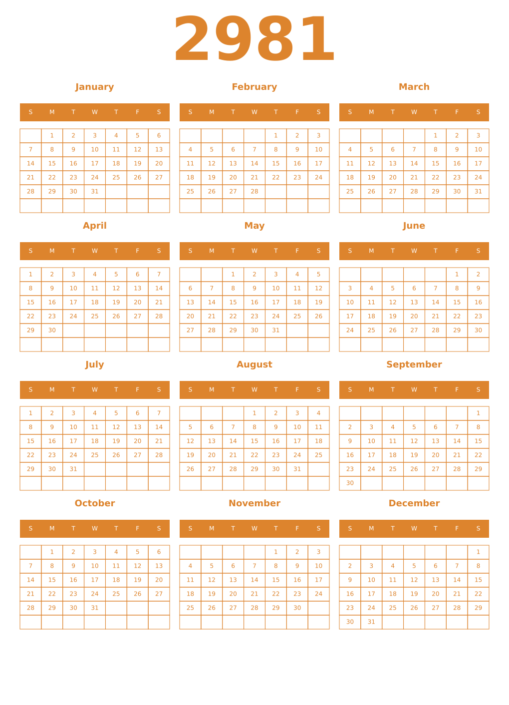Printable 2981 Year Calendars orange