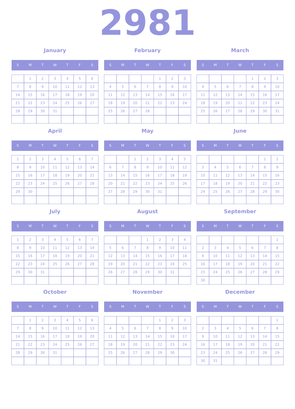 Printable 2981 Year Calendars periwinkle
