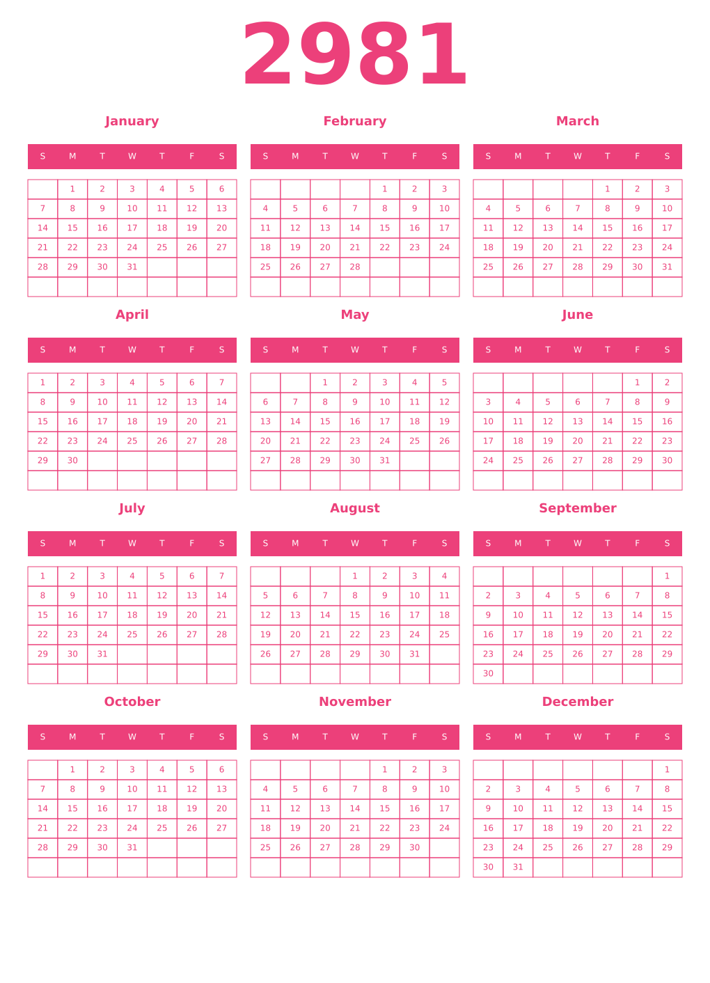Printable 2981 Year Calendars pink