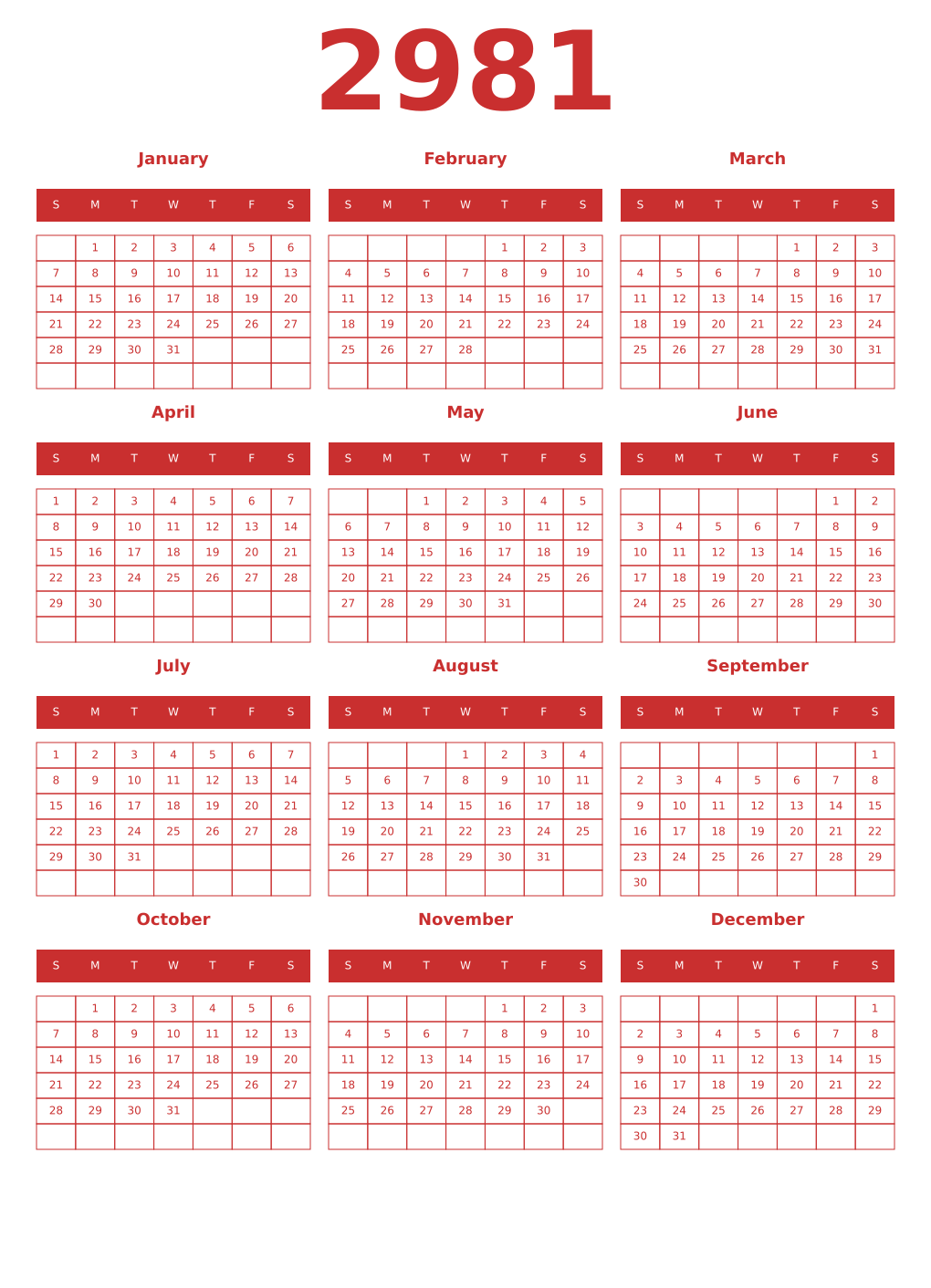 Printable 2981 Year Calendars red