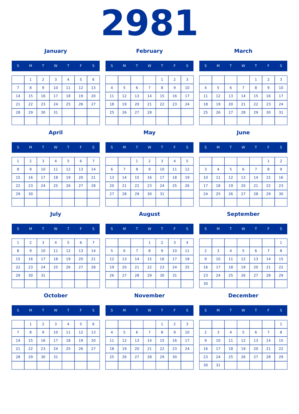 Printable 2981 Year Calendars smalt