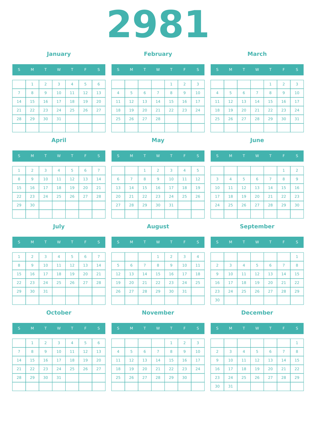 Printable 2981 Year Calendars verdigris