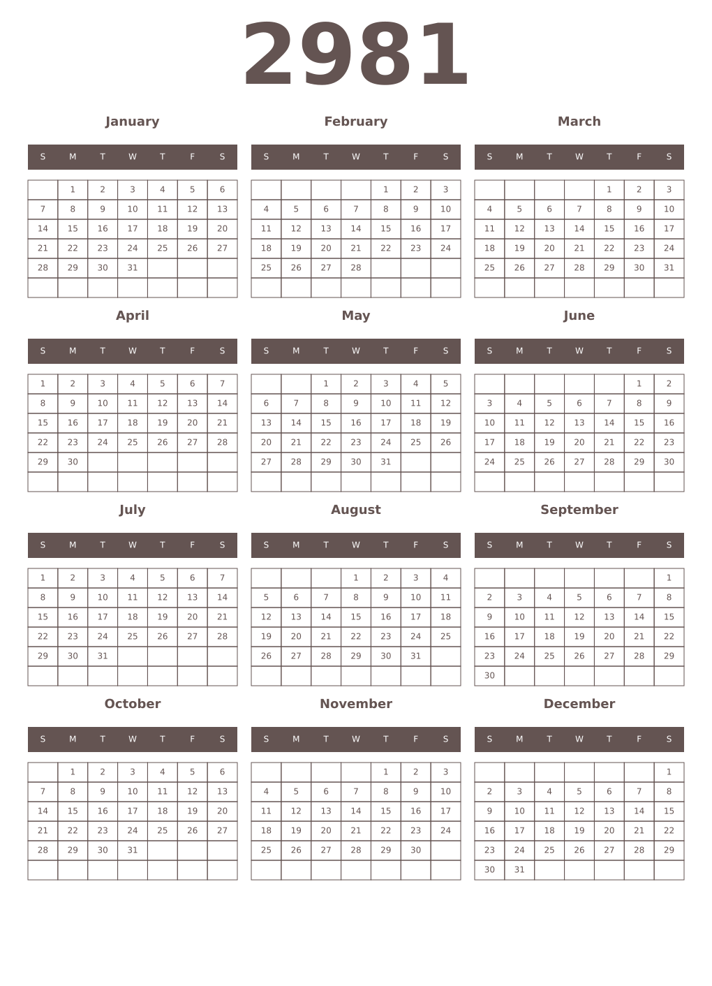 Printable 2981 Year Calendars wenge