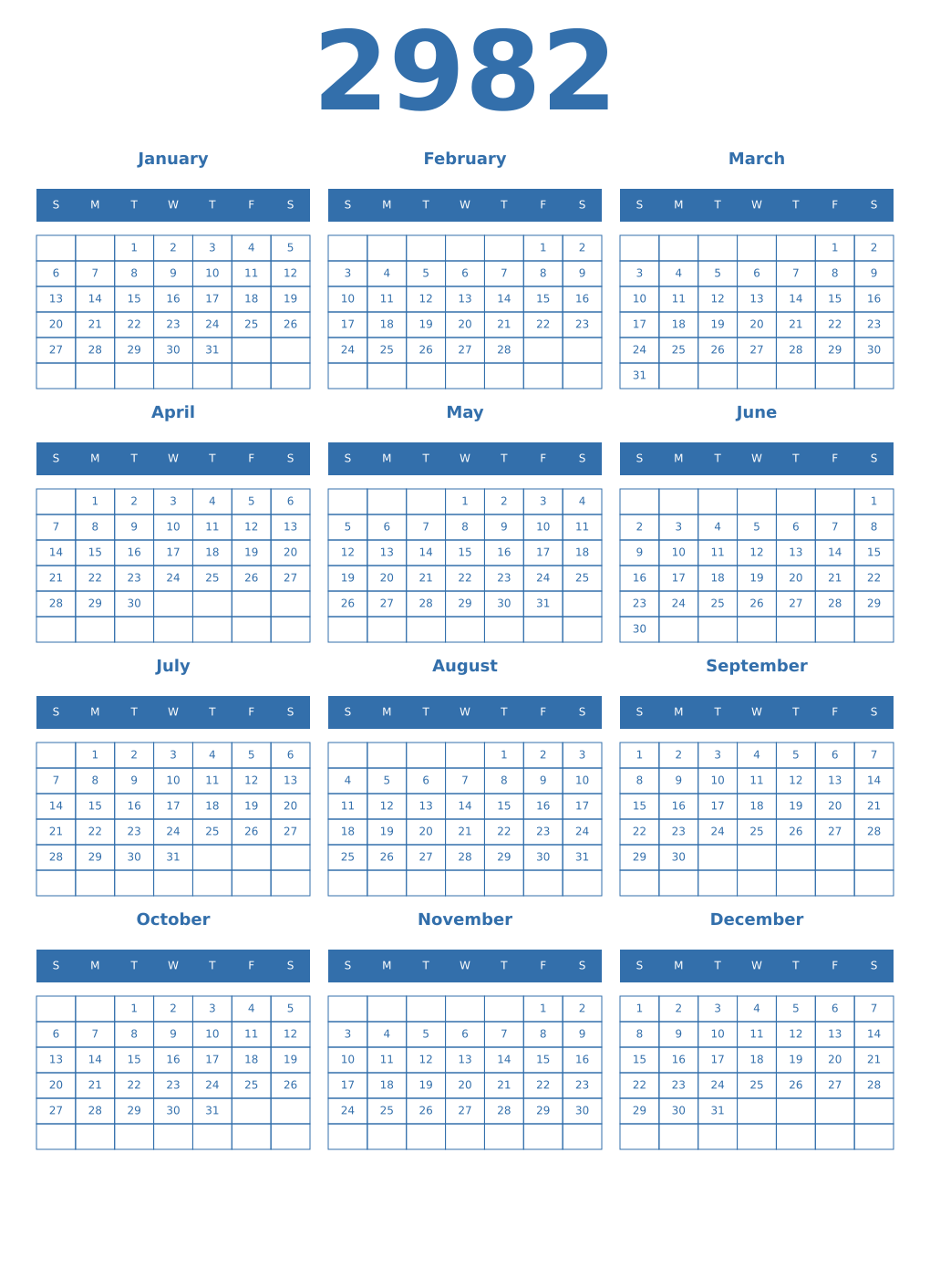 Printable 2982 Year Calendars blue