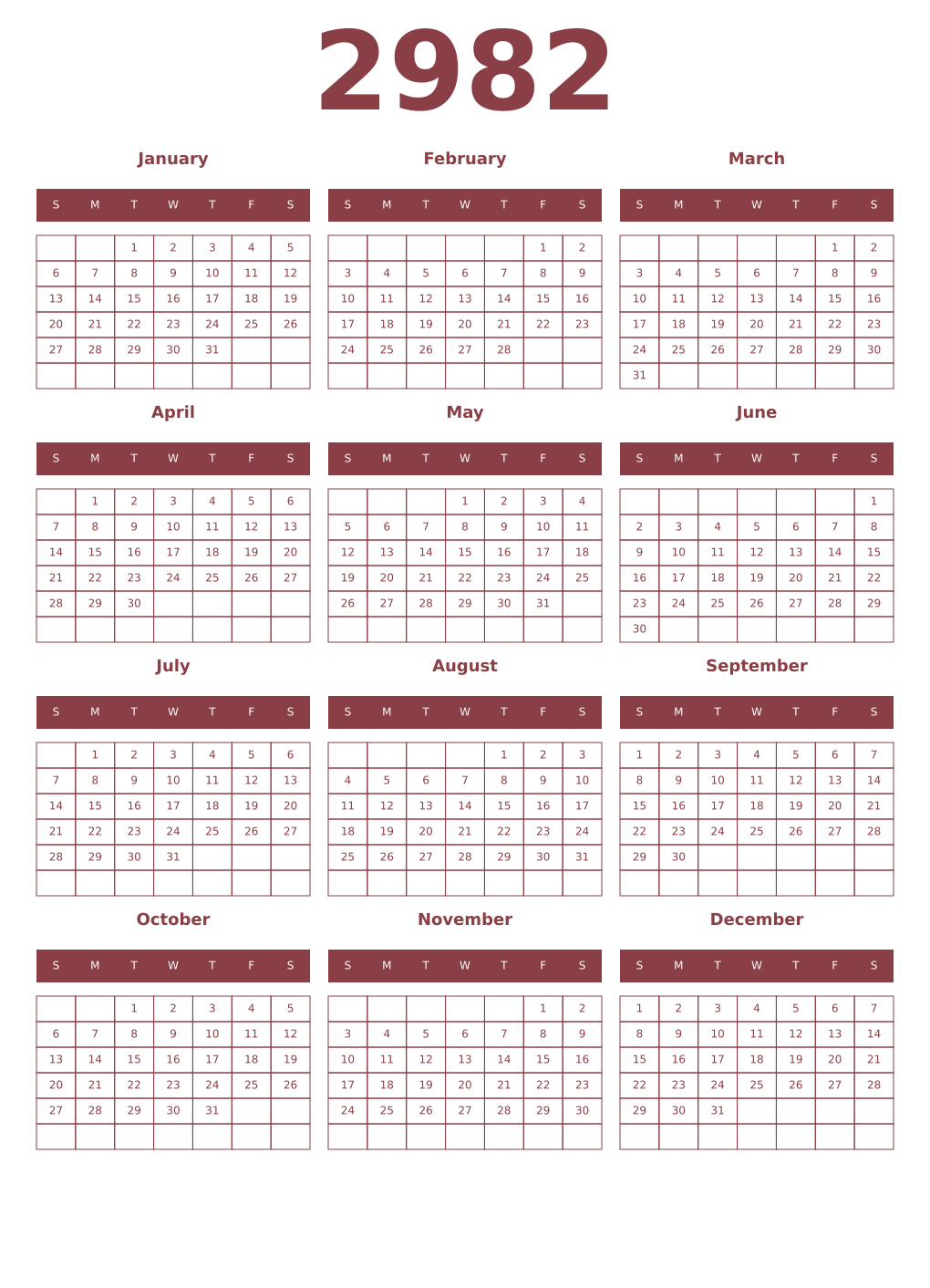 Printable 2982 Year Calendars cordovan