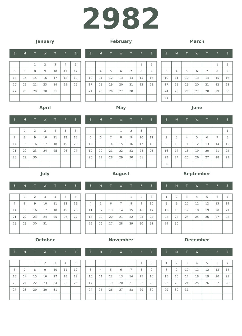 Printable 2982 Year Calendars feldgrau