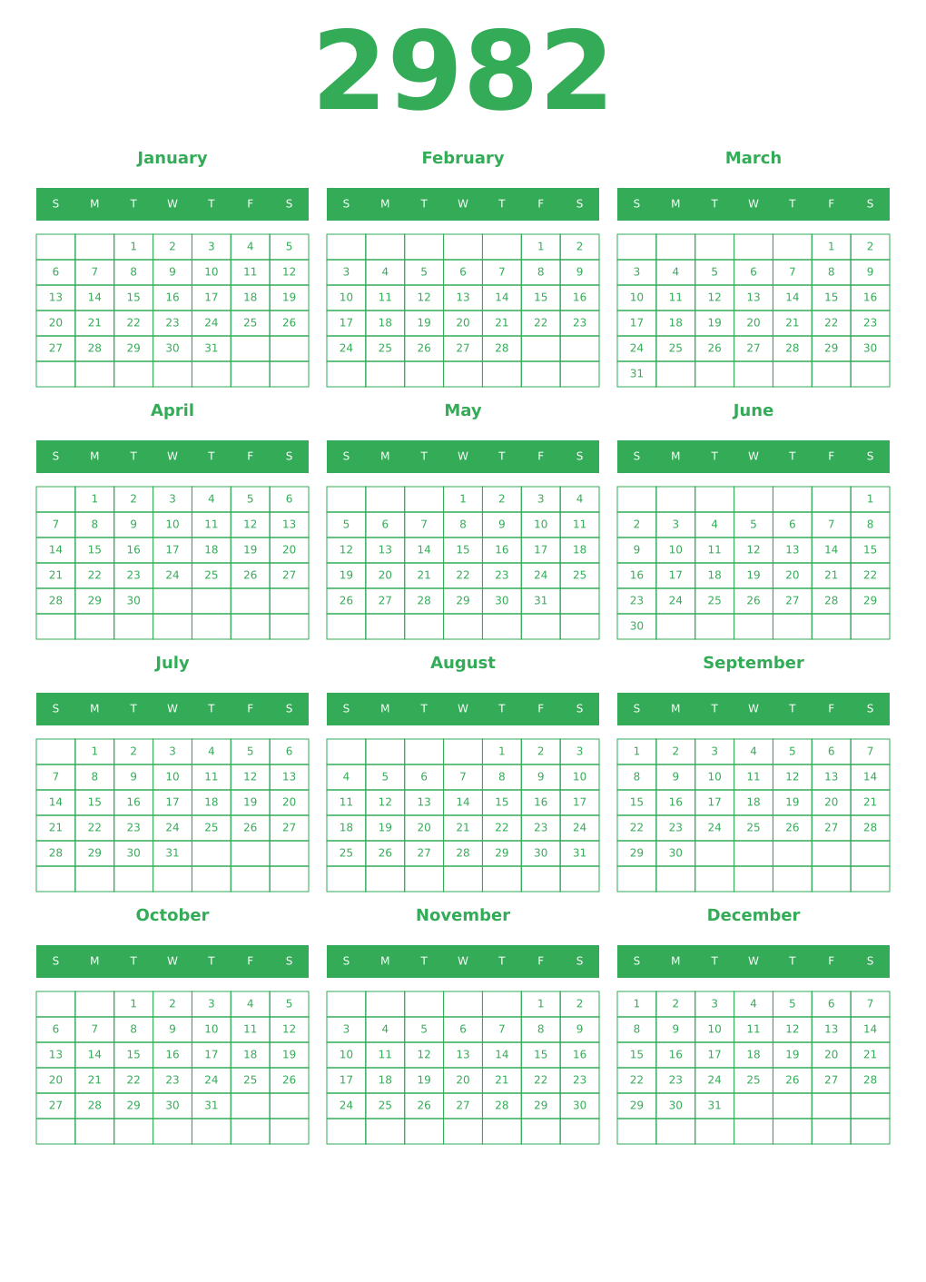 Printable 2982 Year Calendars green