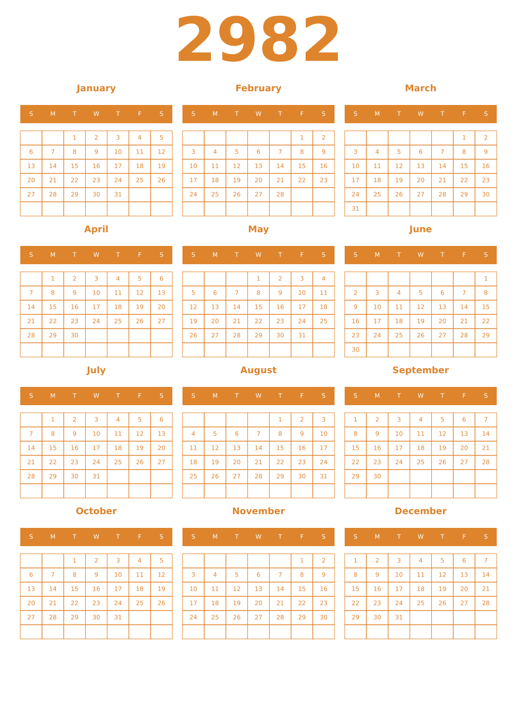 Printable 2982 Year Calendars orange