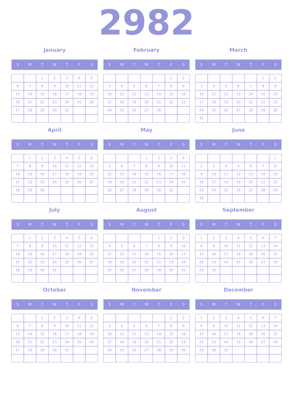 Printable 2982 Year Calendars periwinkle