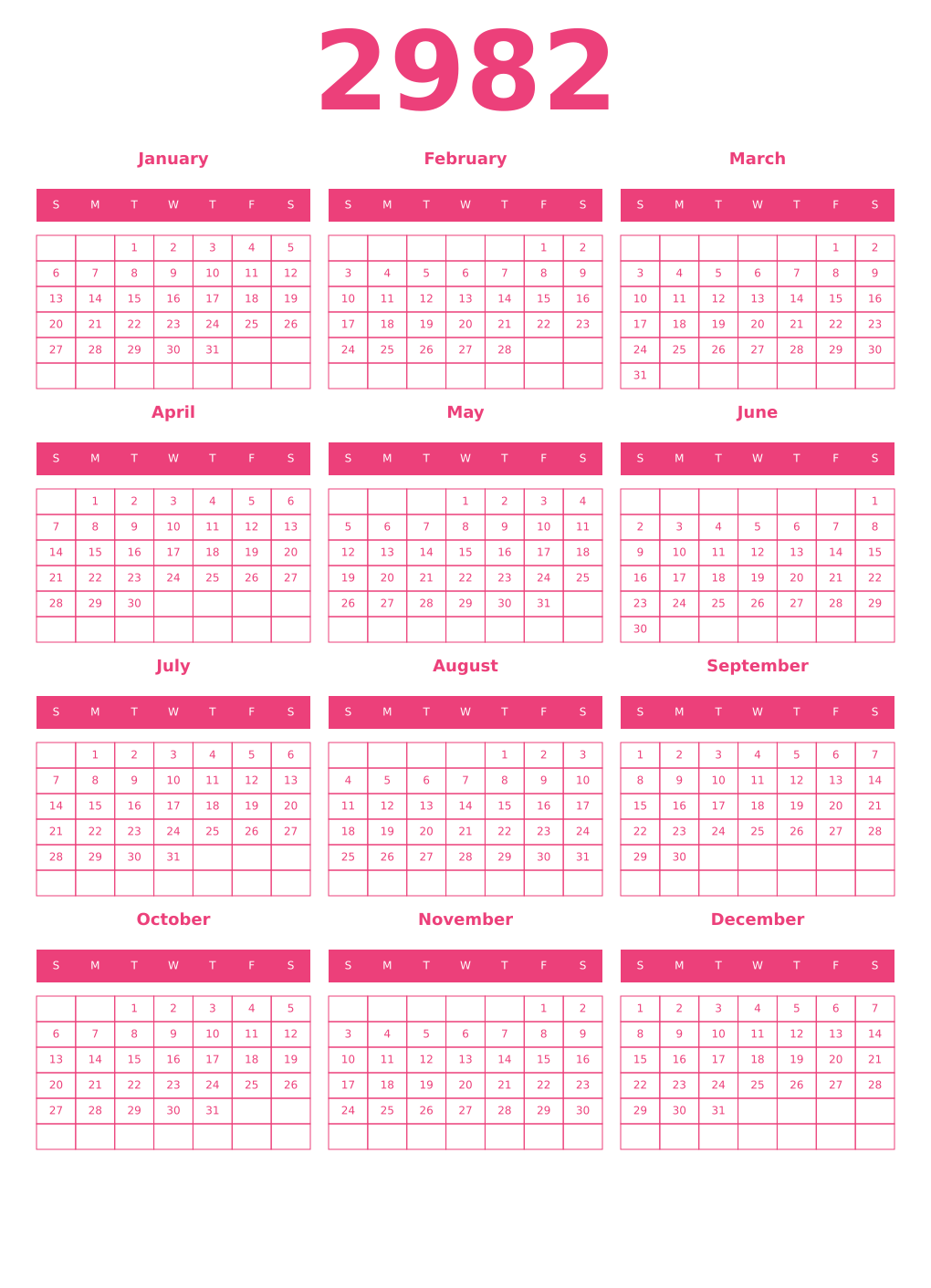 Printable 2982 Year Calendars pink