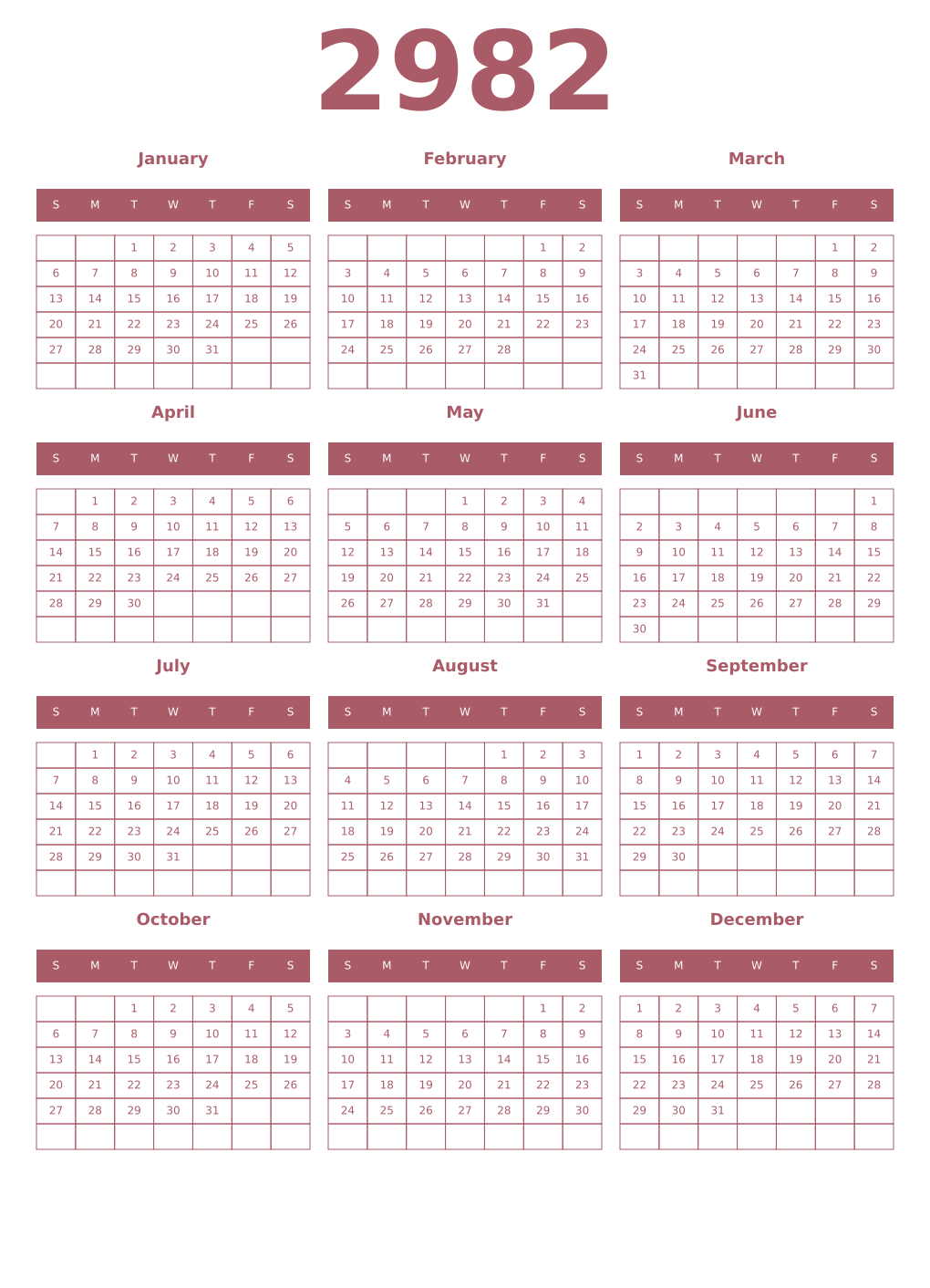 Printable 2982 Year Calendars puce