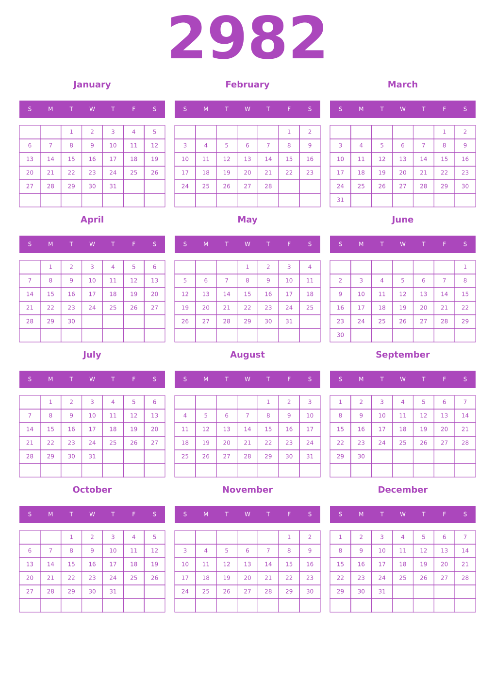 Printable 2982 Year Calendars purple