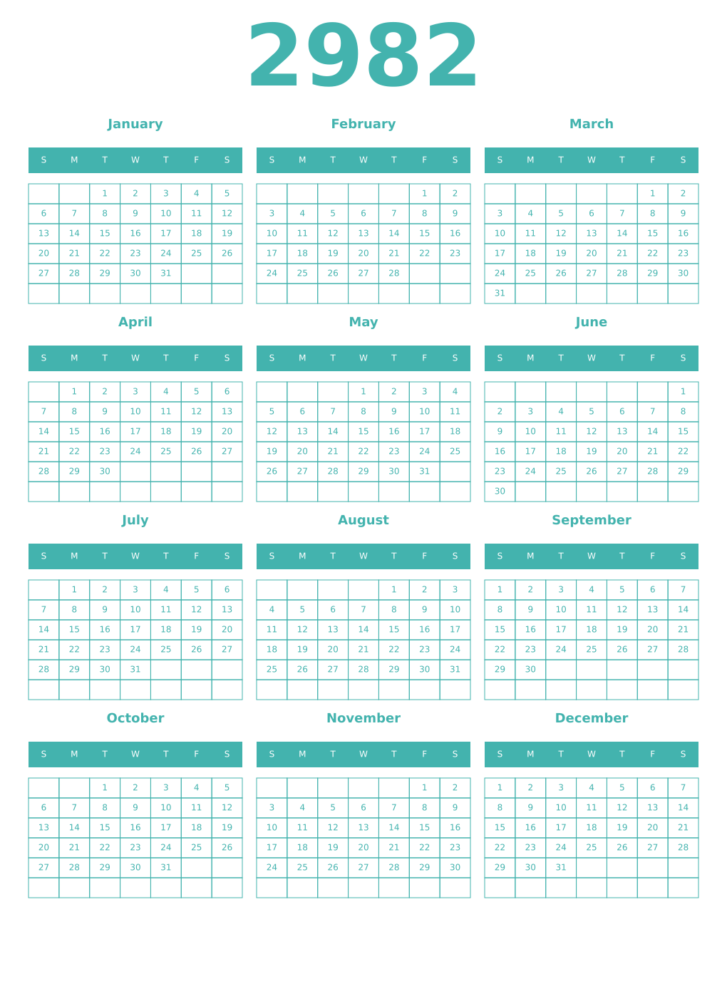 Printable 2982 Year Calendars verdigris