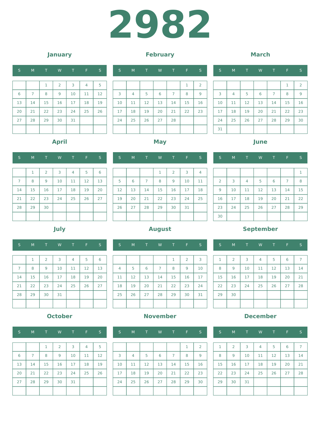Printable 2982 Year Calendars viridian