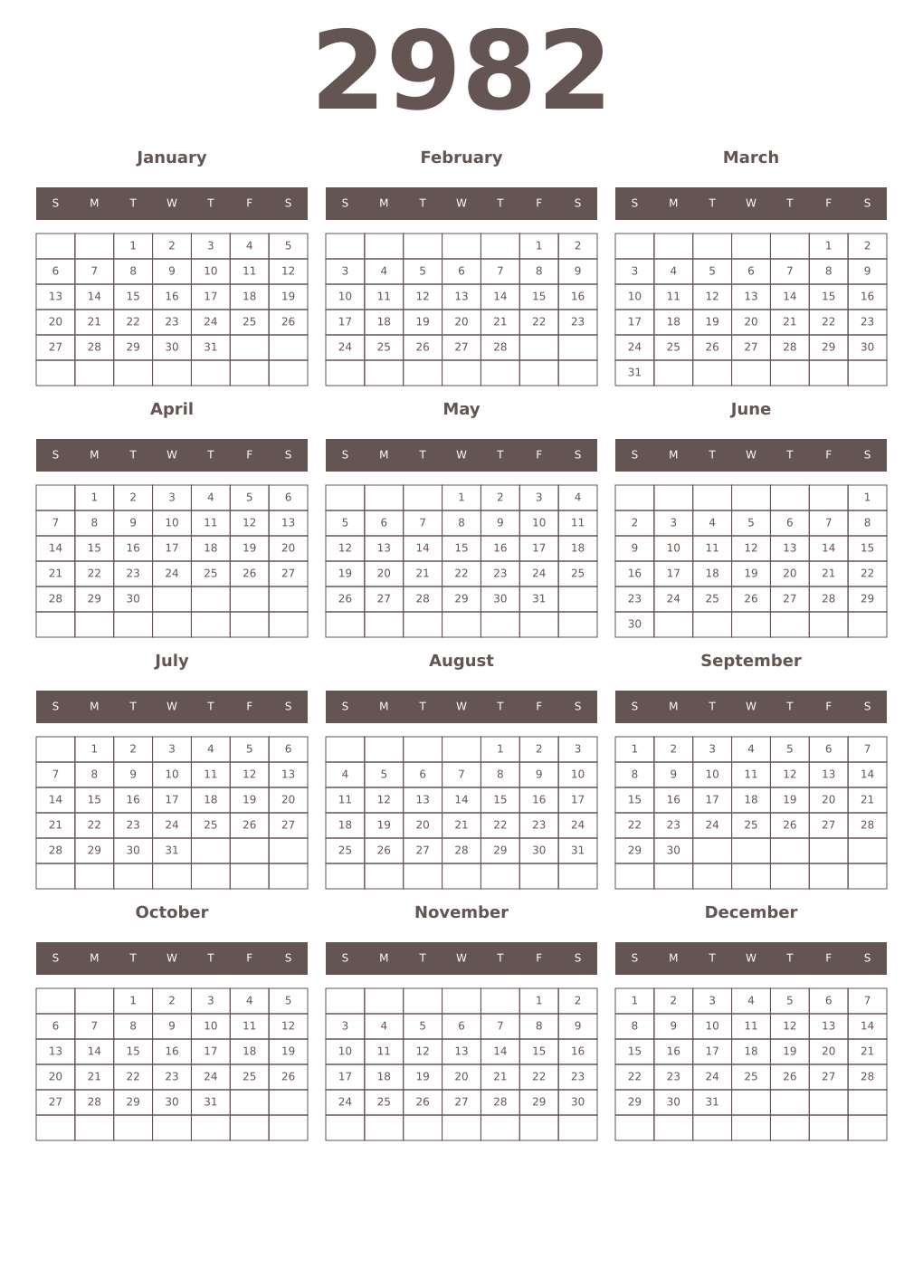 Printable 2982 Year Calendars wenge