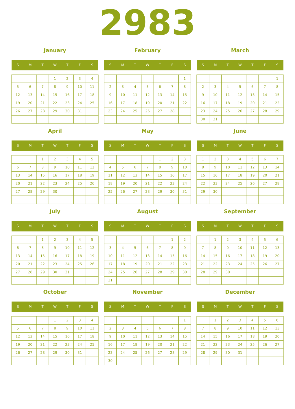 Printable 2983 Year Calendars chartreuse