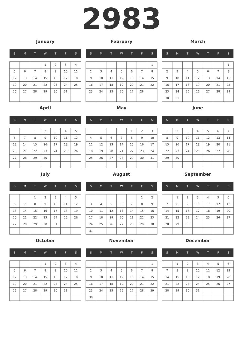 Printable 2983 Year Calendars dark