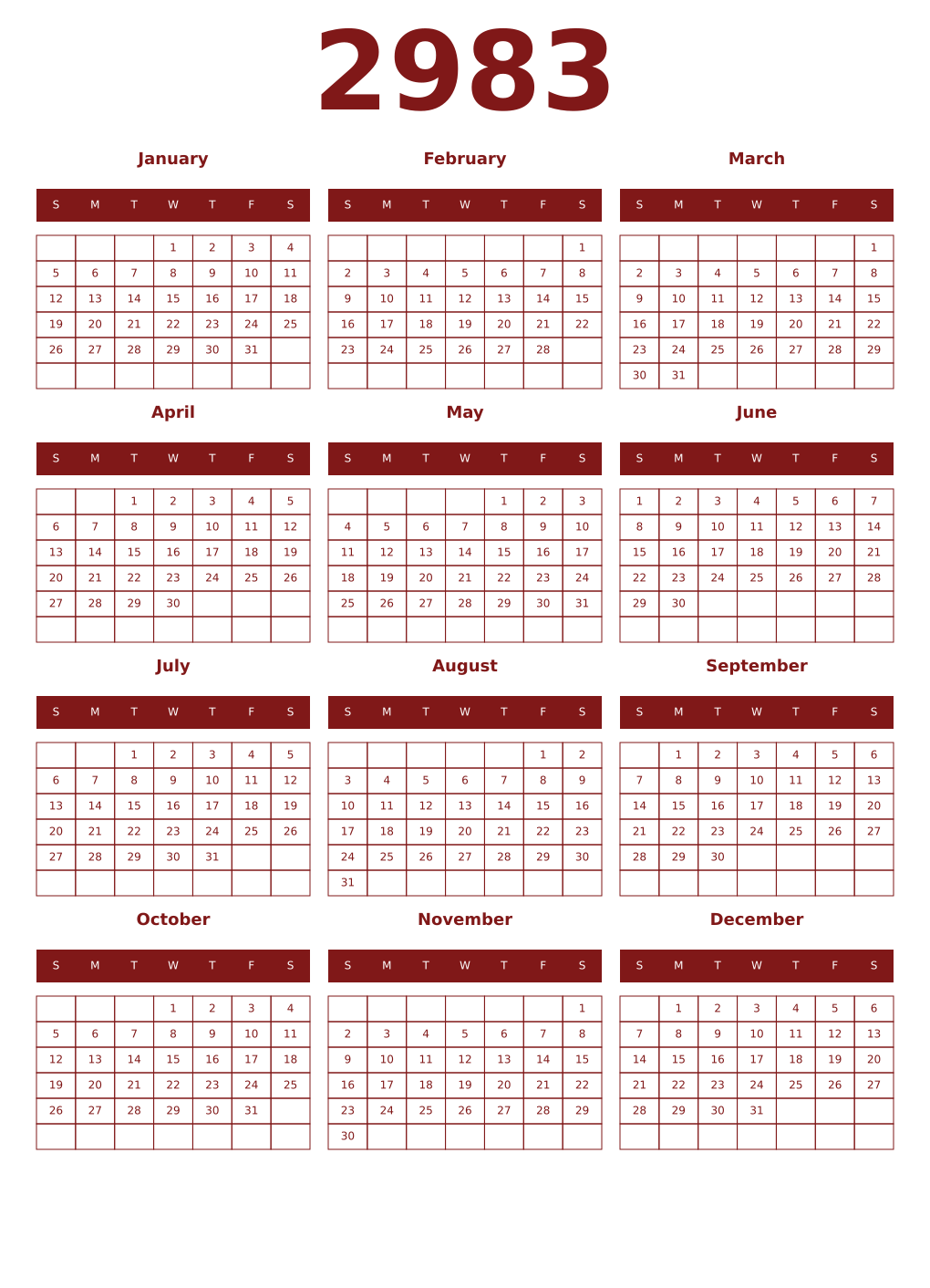 Printable 2983 Year Calendars falu