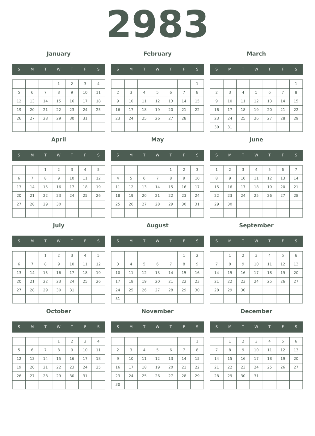 Printable 2983 Year Calendars feldgrau