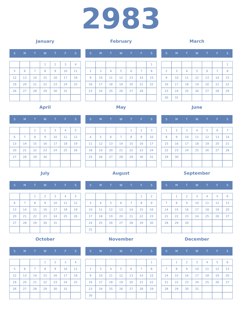 Printable 2983 Year Calendars glaucous