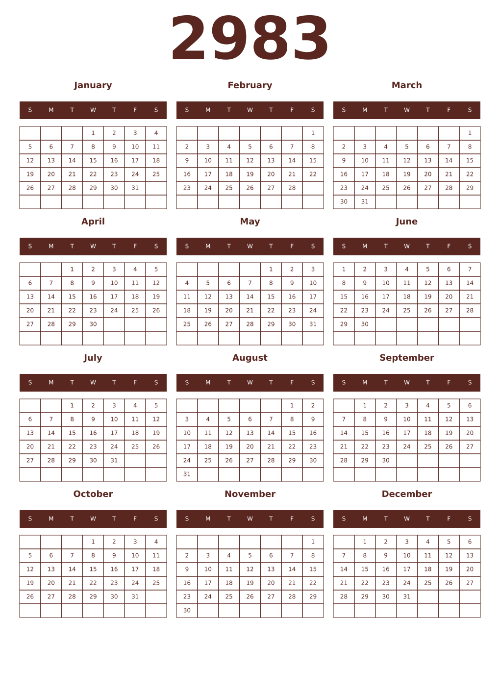 Printable 2983 Year Calendars mortuum