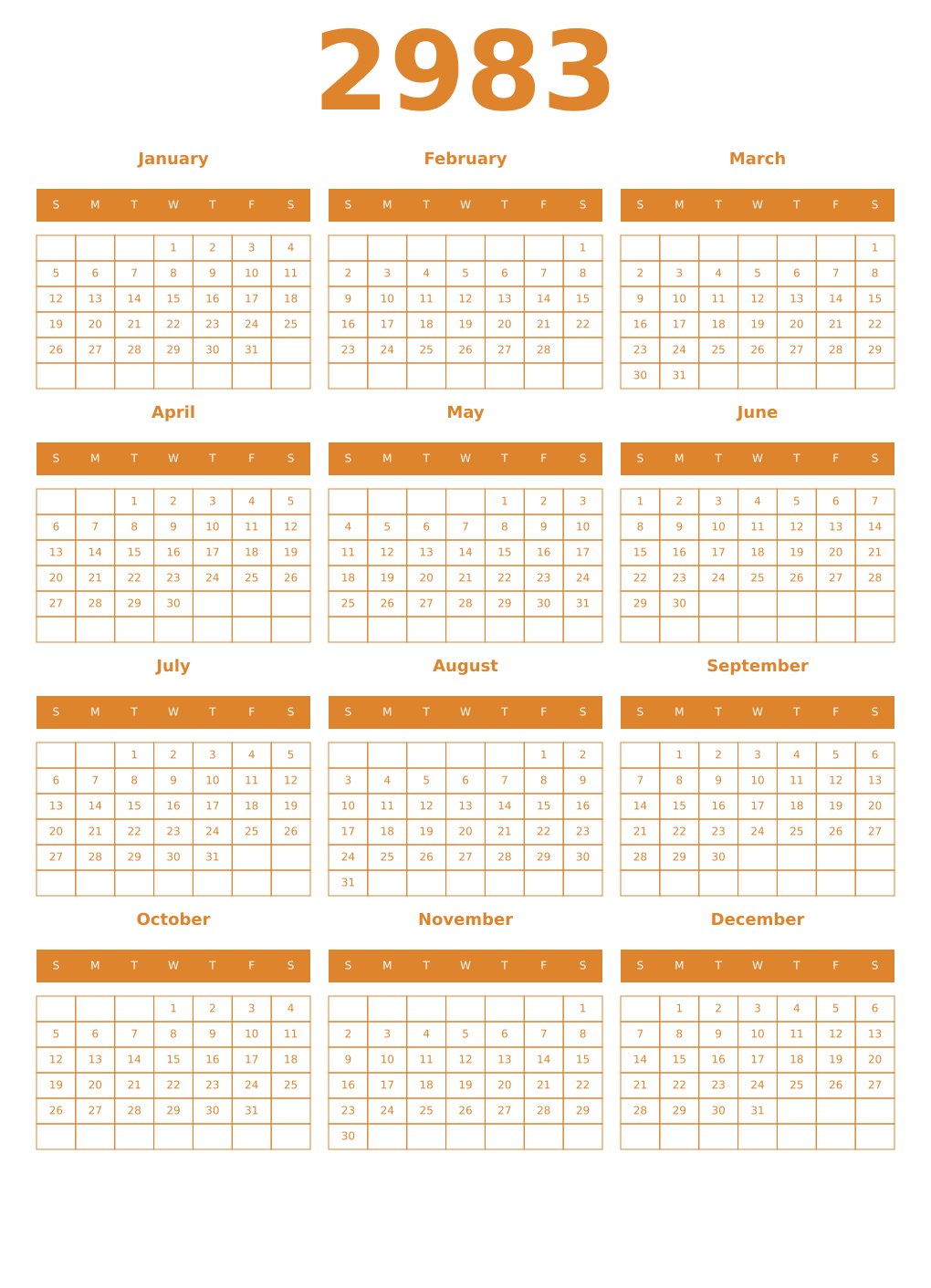 Printable 2983 Year Calendars orange