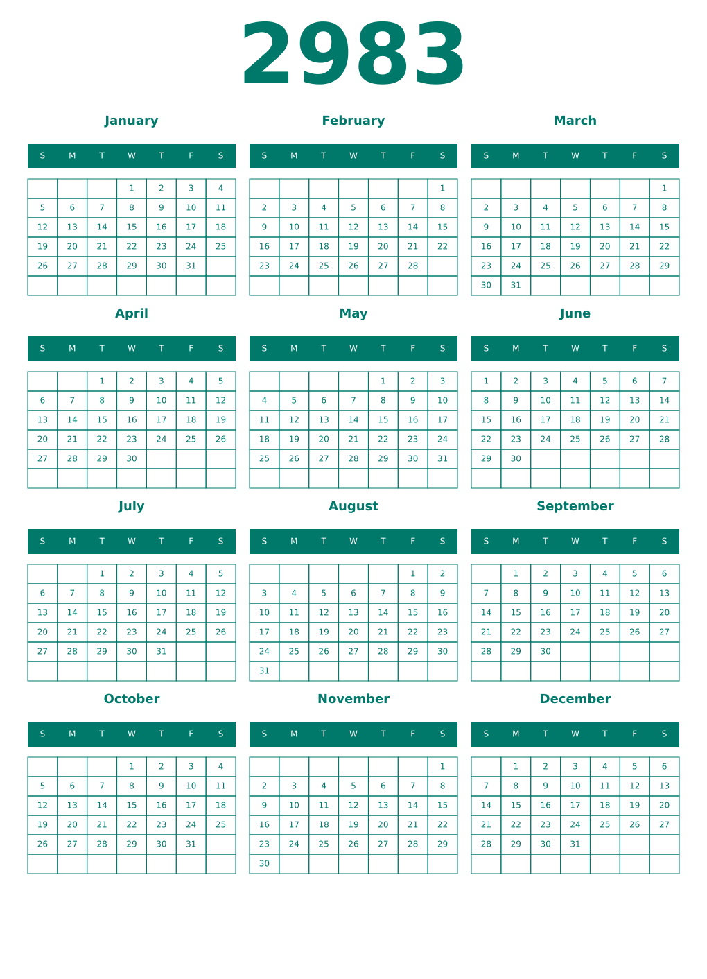 Printable 2983 Year Calendars pastel