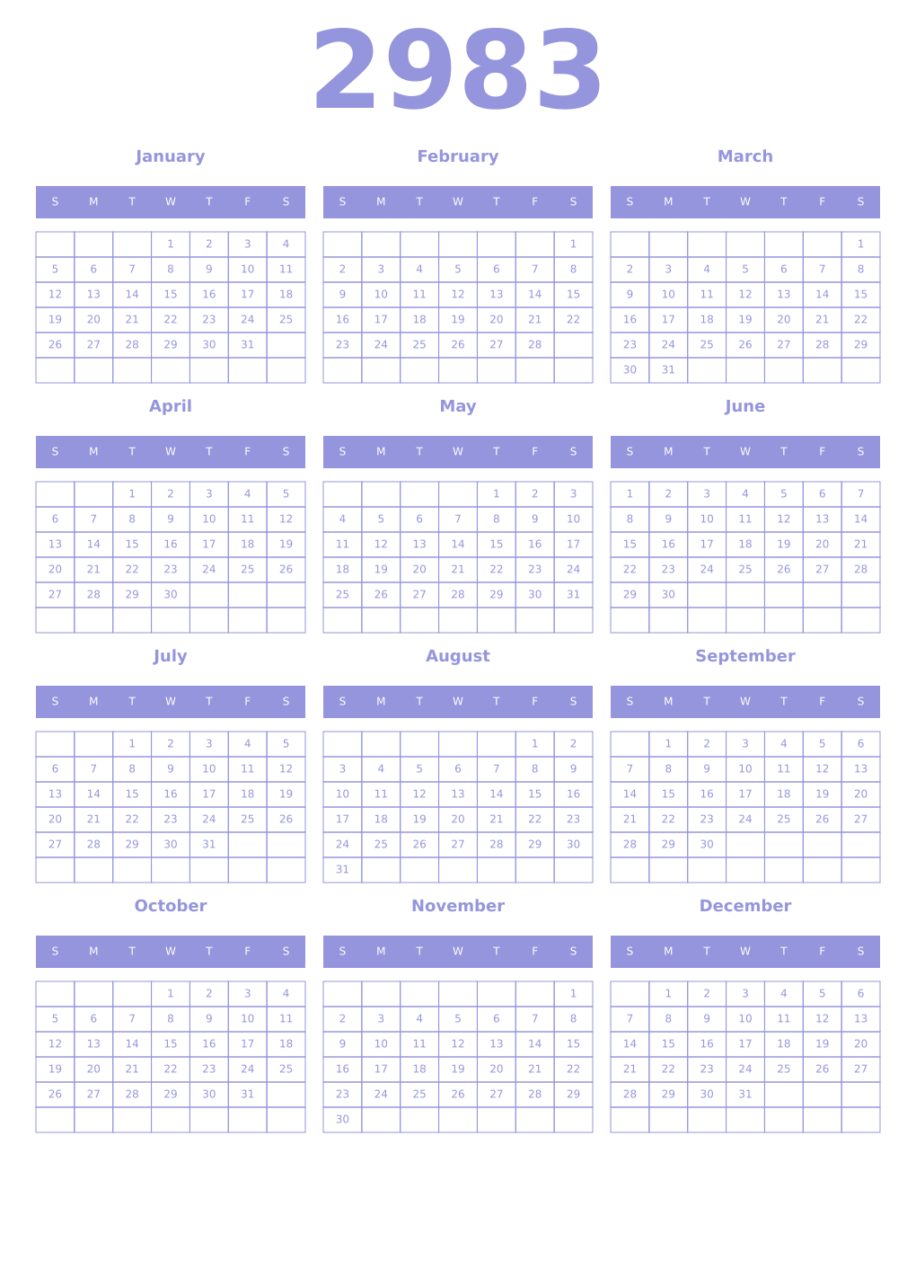 Printable 2983 Year Calendars periwinkle