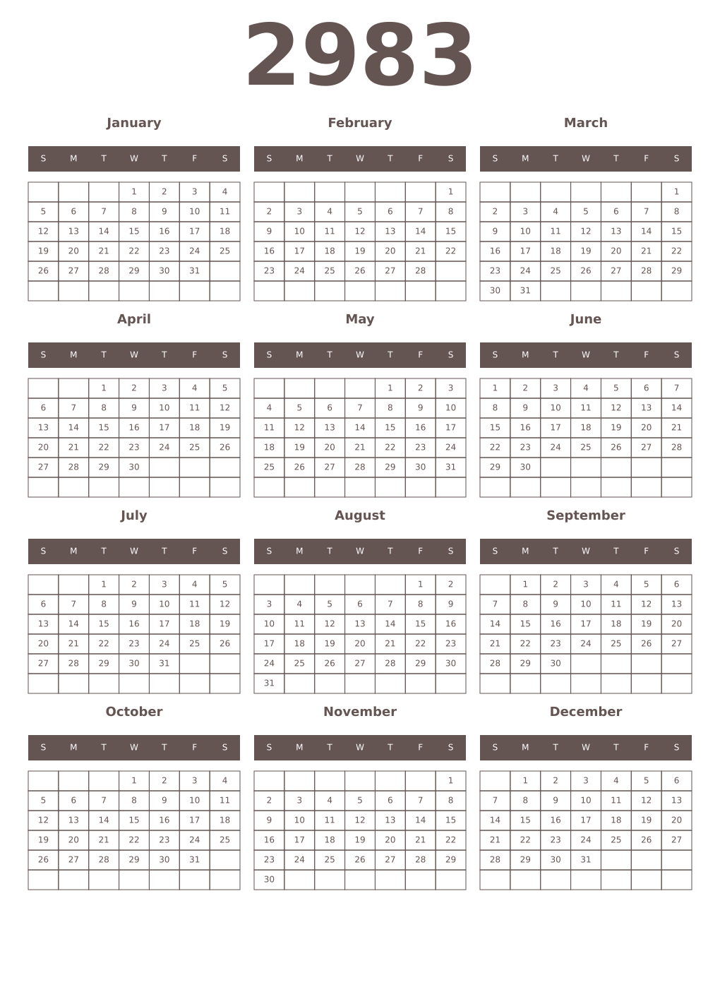 Printable 2983 Year Calendars wenge
