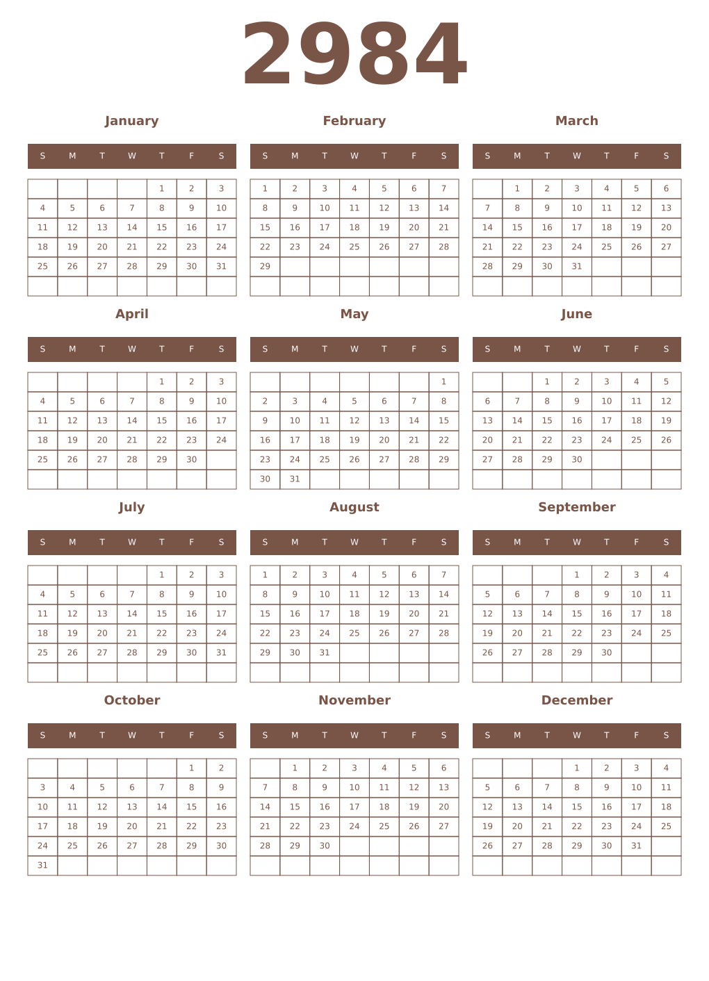Printable 2984 Year Calendars coffe