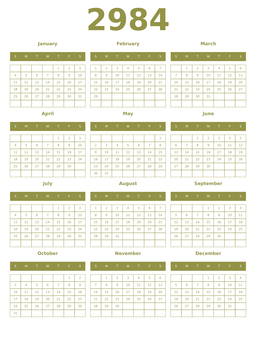 Printable 2984 Year Calendars eburnean